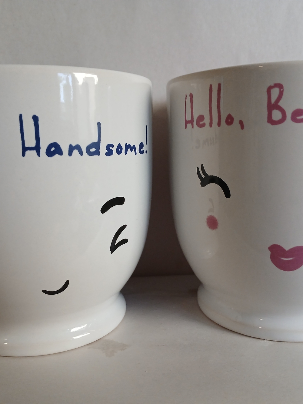His & Hers Coffee Mugs Set of 2 – Hello Handsome & Hello Beautiful Heart Handles - Picture 3 of 7